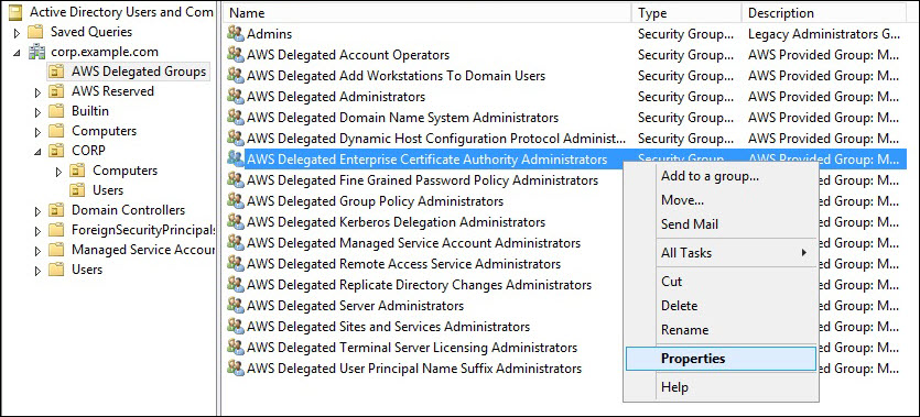 Screenshot of navigating to AWS Delegated Enterprise Certificate Authority Administrators > Properties Screenshot of navigating to AWS Delegated Enterprise Certificate Authority Administrators > Properties