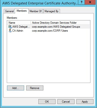 Screenshot of adding "CA Admin" to the "AWS Delegated Enterprise Certificate Authority Administrators" security group Screenshot of adding "CA Admin" to the "AWS Delegated Enterprise Certificate Authority Administrators" security group