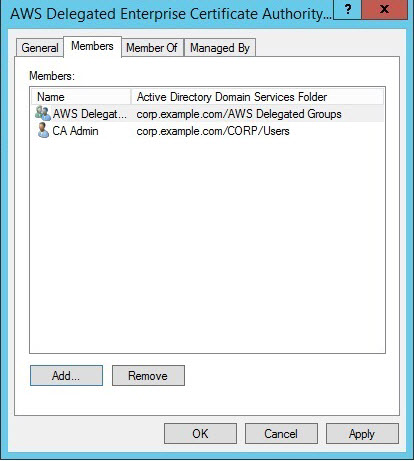 Screenshot of adding "CA Admin" to the "AWS Delegated Enterprise Certificate Authority Administrators" security group
