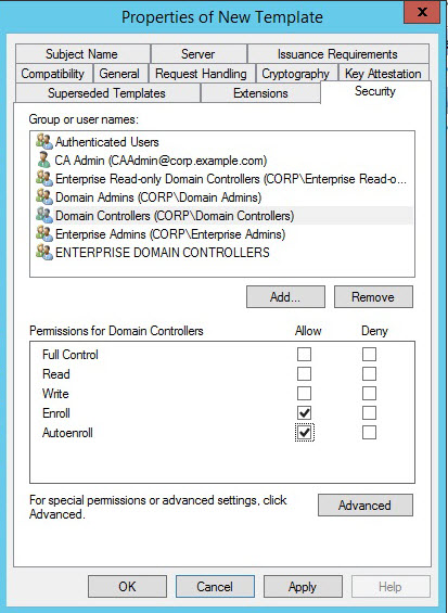 Screenshot of the "Permissions for Domain Controllers" section of the "Properties of New Template" window Screenshot of the "Permissions for Domain Controllers" section of the "Properties of New Template" window