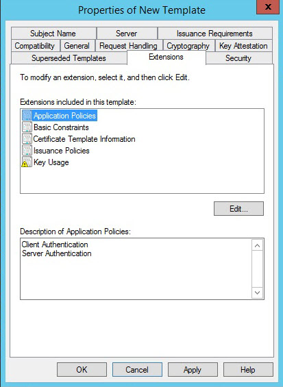 Screenshot of the "Extensions" tab of the "Properties of New Template" window Screenshot of the "Extensions" tab of the "Properties of New Template" window