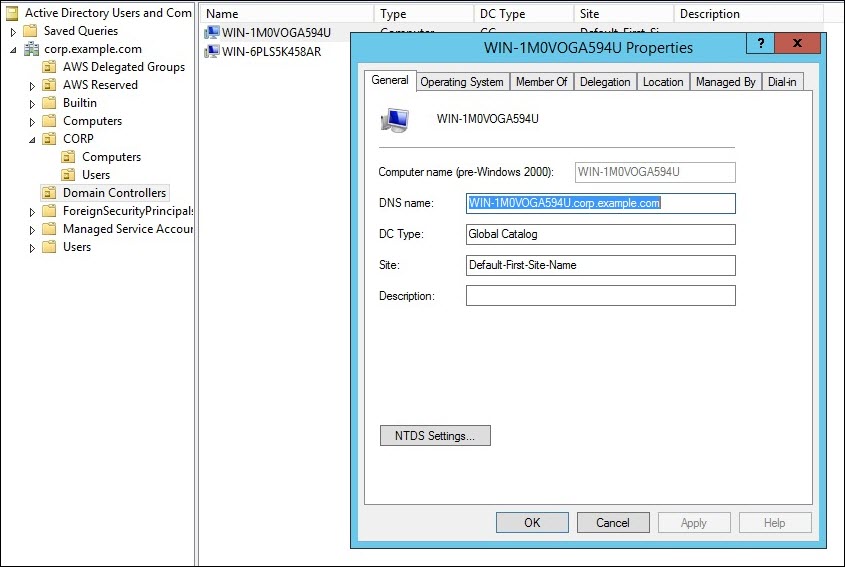 Screenshot of copying the DNS name of the domain controller