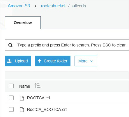 Screenshot of RootCA’s public certificate and CRL uploaded to the S3 bucket Screenshot of RootCA’s public certificate and CRL uploaded to the S3 bucket