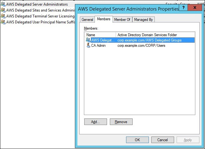 Screenshot of adding "CAAdmin" to the "AWS Delegated Server Administrators" security group also so that "CAAdmin" can RDP in to the Microsoft enterprise CA machine