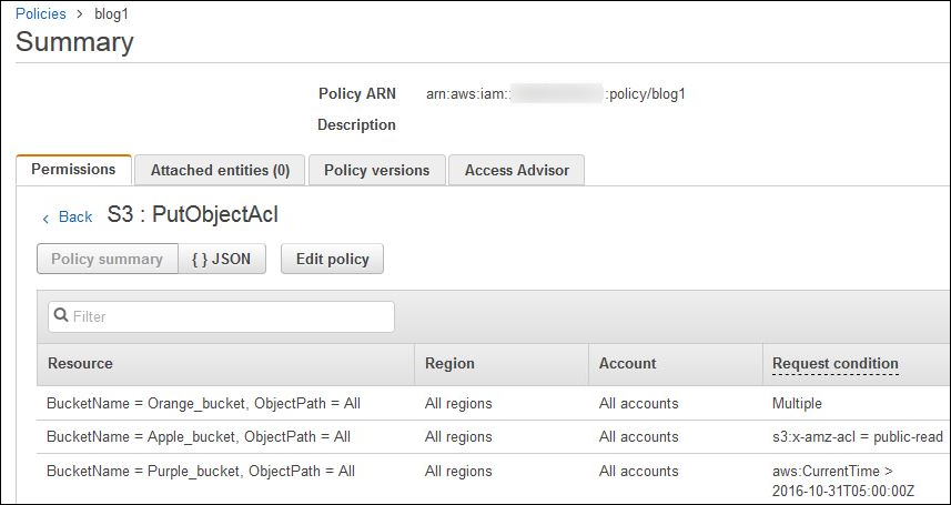 Screenshot showing the resources and the conditions defined in the policy for this S3 action