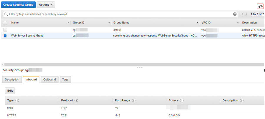 Screenshot of refreshing the page to see that the SSH ingress rule has been removed