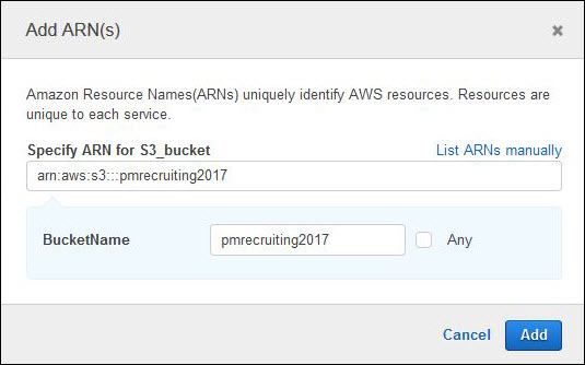 Screenshot of specifying the S3 bucket resource