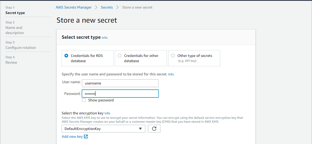 Store a new secret interface with Credentials for RDS database selected