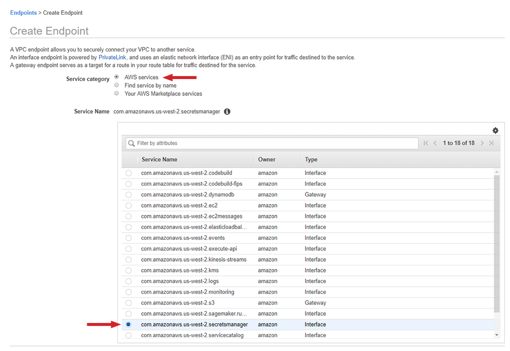 Figure 2: Options to select when creating an endpoint