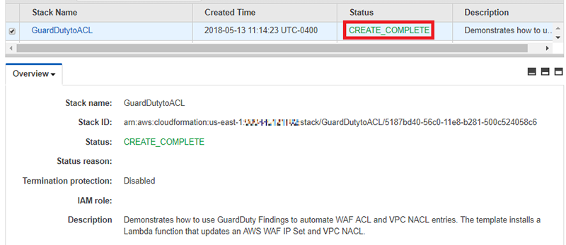 Figure 4: The "Status" displays "CREATE_COMPLETE"