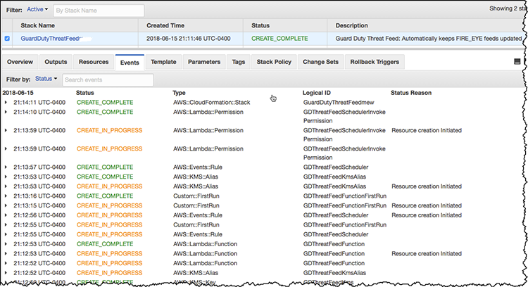 Figure 2: Check the status of the stack creation on the "Events" tab