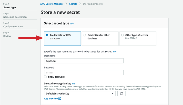 Figure 1: For "Select secret type," choose "Credentials for RDS database"