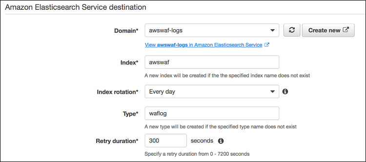 Figure 5: Setting up Amazon ES as Data Firehose log destination