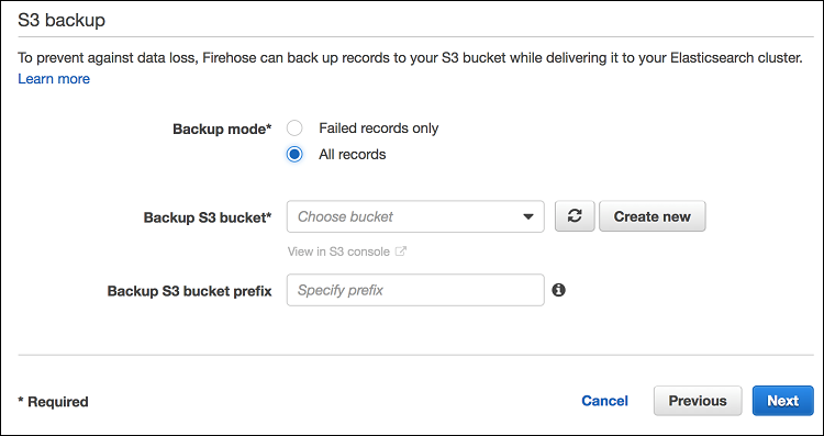 Figure 6: Setting up S3 backup in Data Firehose