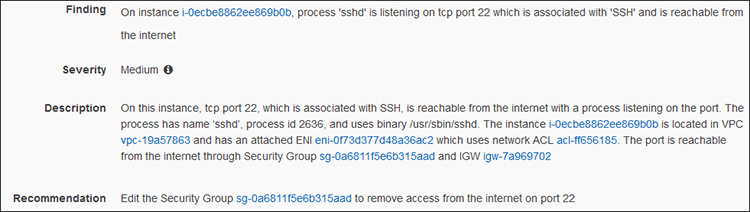 Figure 4: Finding for a well-known port open to the Internet, with the Amazon Inspector Agent installed and a listening process (SSH)