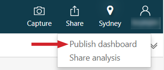 Figure 17: Publish your dashboard using the "Share" option of the Amazon QuickSight menu 