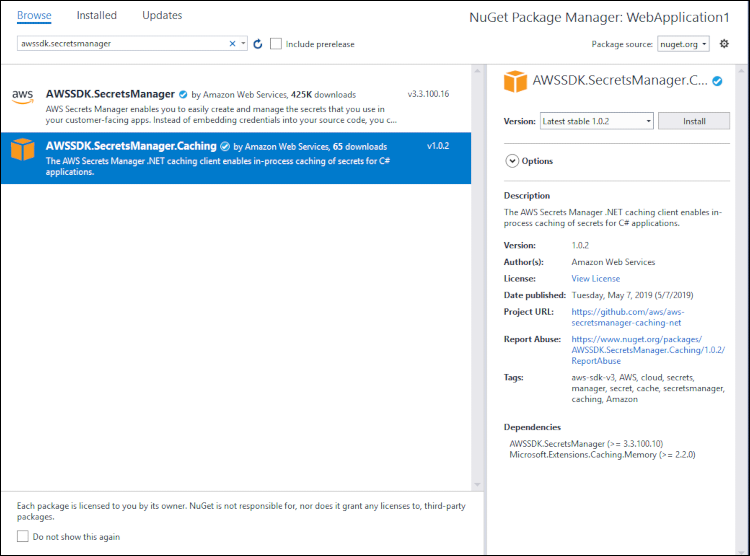 Figure 1: Select the AWSSDK.SecretsManager.Caching library