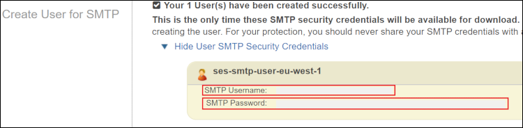 Figure 5: Make a note of the SES SMTP Username and SMTP Password