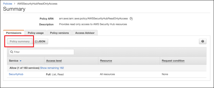 Figure 1: Policy summary of AWSSecurityHubReadOnlyAccess AWS managed policy