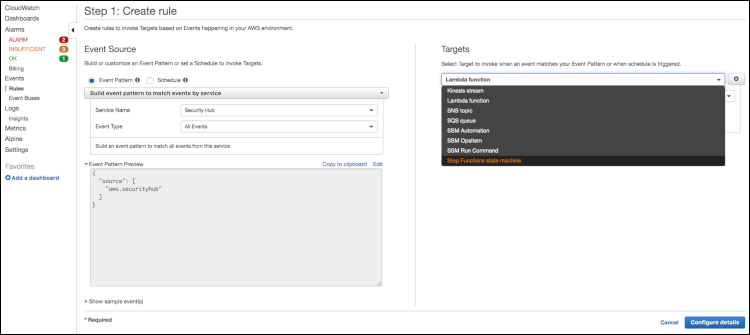 Figure 3: Creating a CloudWatch Events Rule for sending matched Security Hub findings to specific Targets