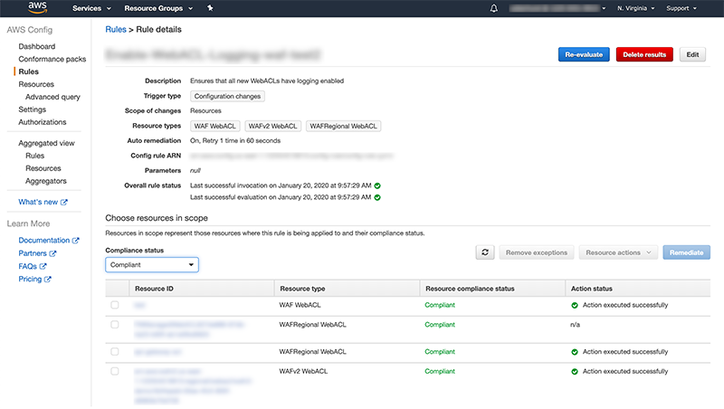 Figure 3: Compliance status of web ACLs in AWS Config