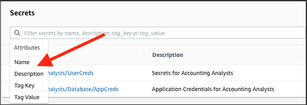 Figure 1: Secrets Manager search attributes