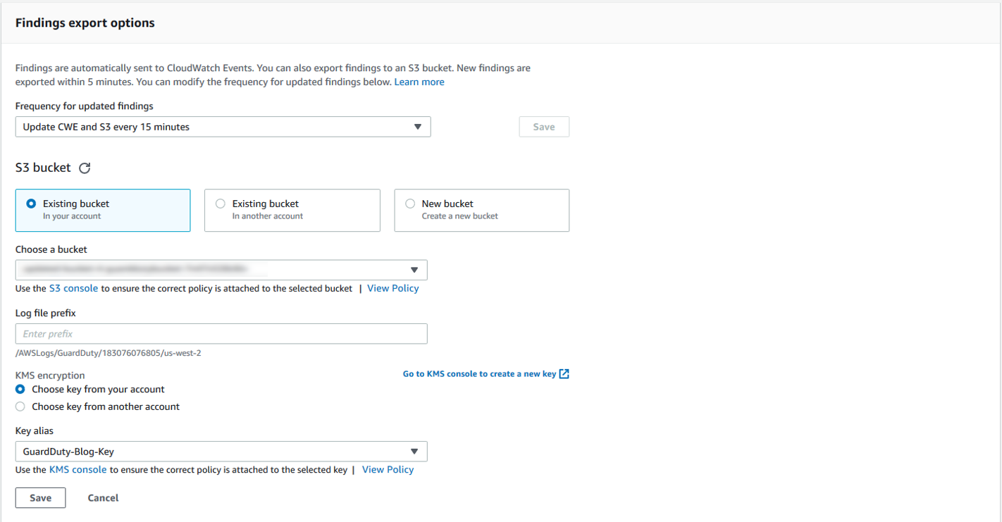 Figure 3: Configure GuardDuty export by selecting the S3 bucket created by the CloudFormation template and the ‘GuardDuty-Blog-Key’ KMS key