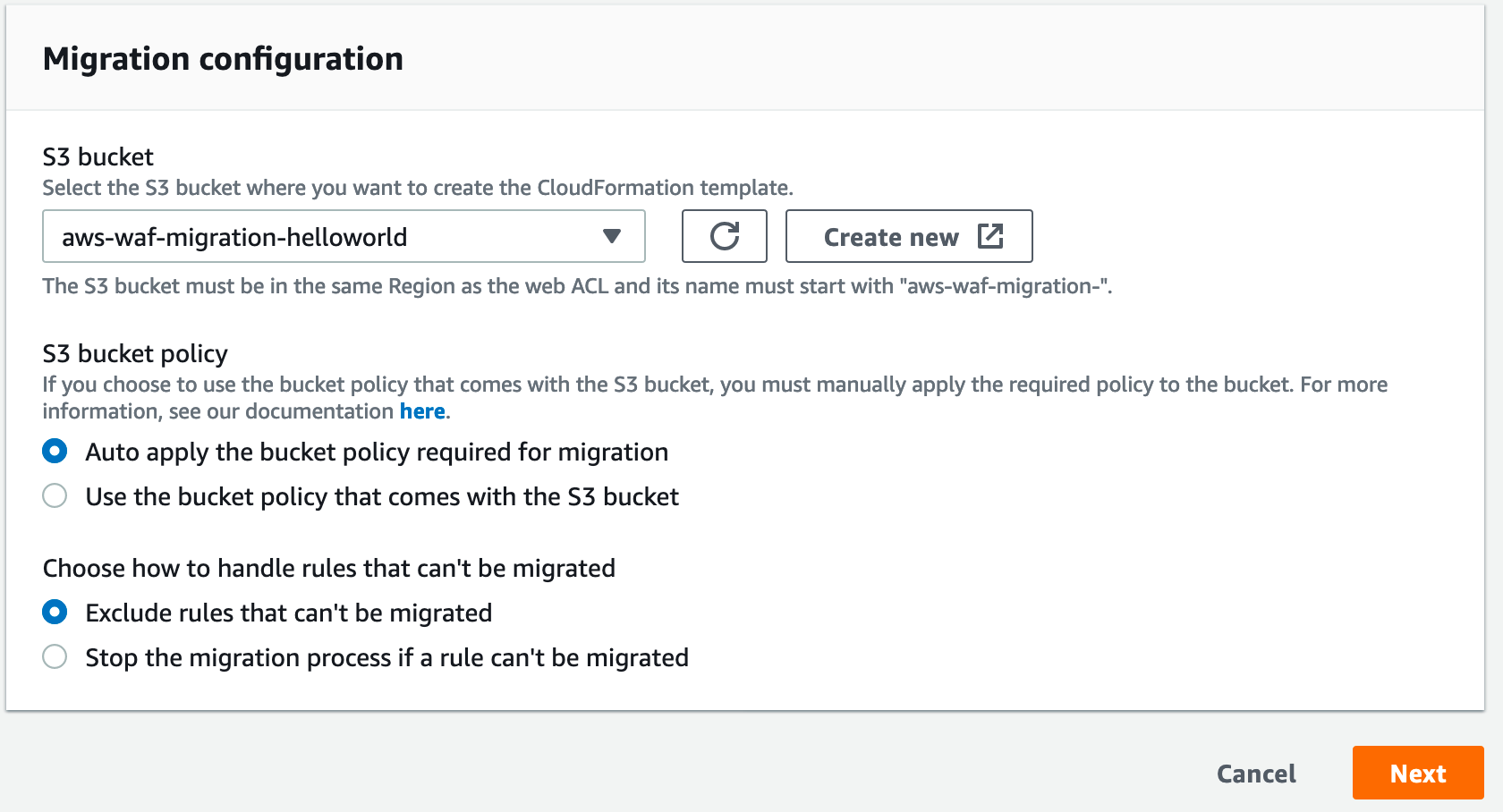 Figure 3: Configure migration options