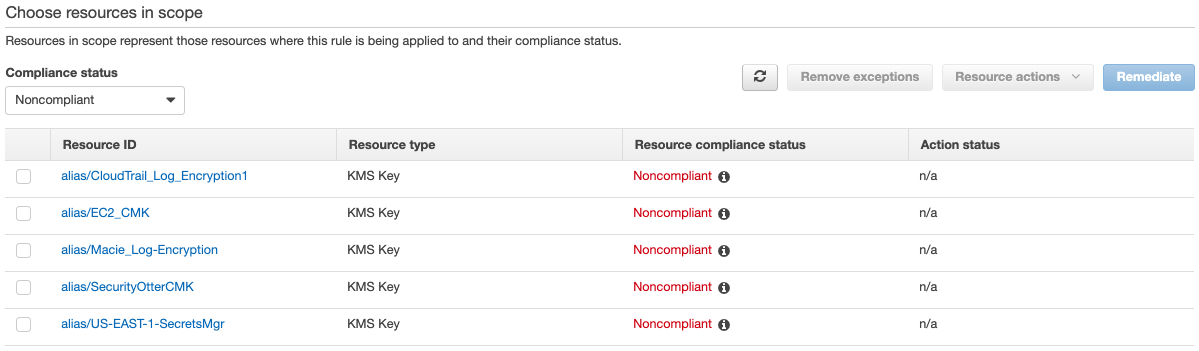 Figure 3: Viewing noncompliant CMKs in the AWS Config console