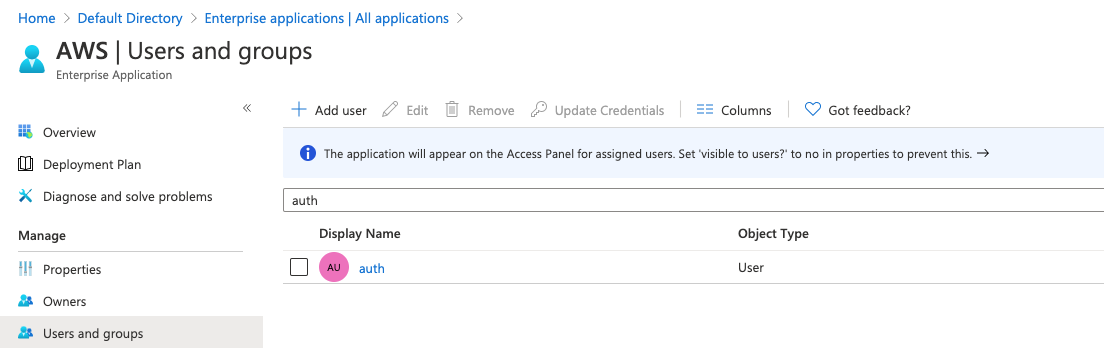Figure 14: Screen now showing that the user has been assigned to the application