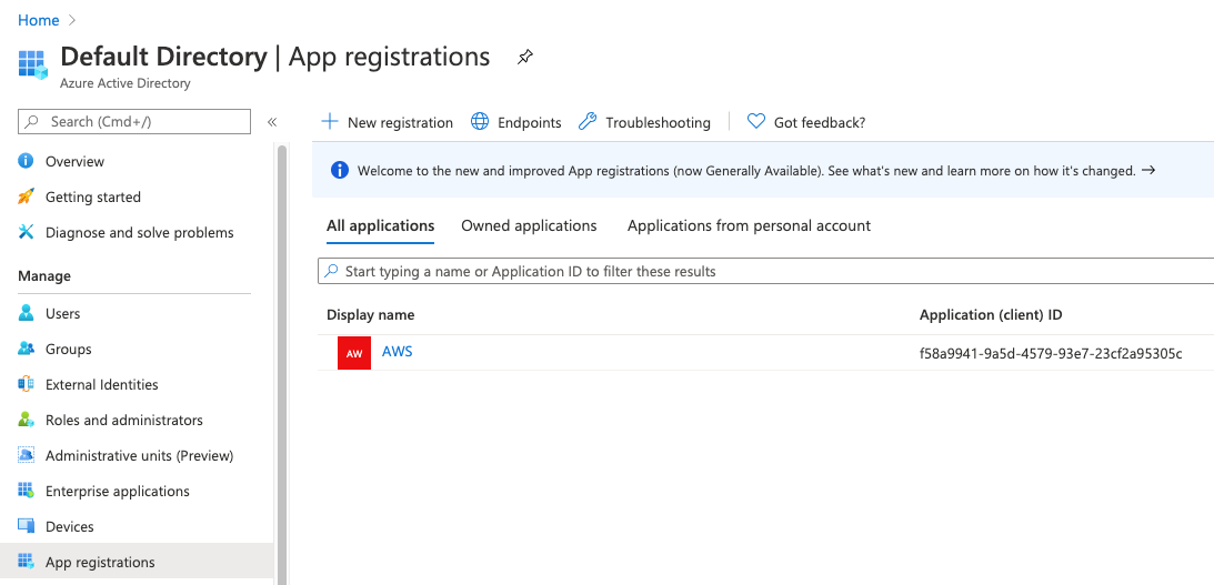 Figure 2: Select the AWS app registration