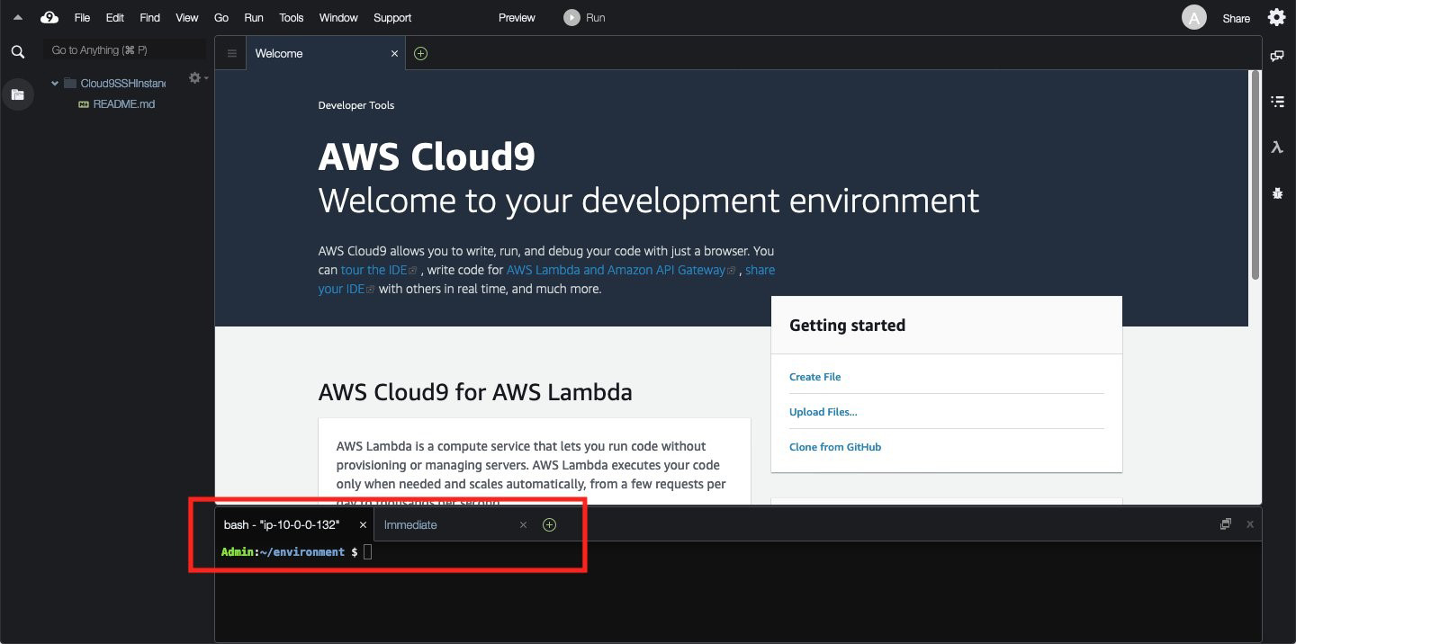 Figure 4: AWS Cloud9 instance console access