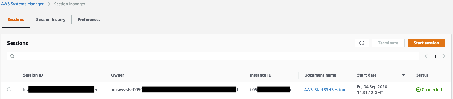 Figure 5: AWS Systems Manager Session Manager active sessions