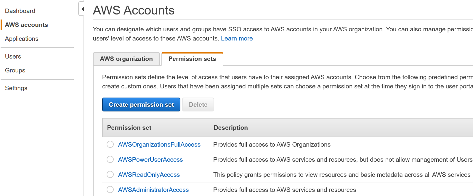 Figure 1: Permission sets tab in the IAM Identity Center console