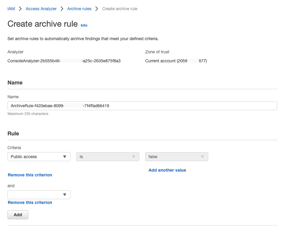 Figure 1: IAM Access Analyzer create archive rule page where you add criteria to create a new archive rule