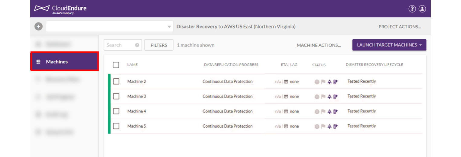 Figure 1: Machines page on the CloudEndure User Console