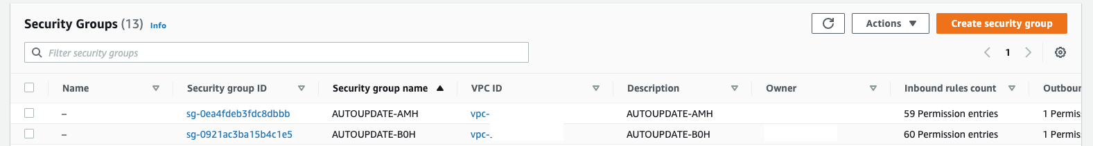 Figure 1: EC2 console showing the security groups created