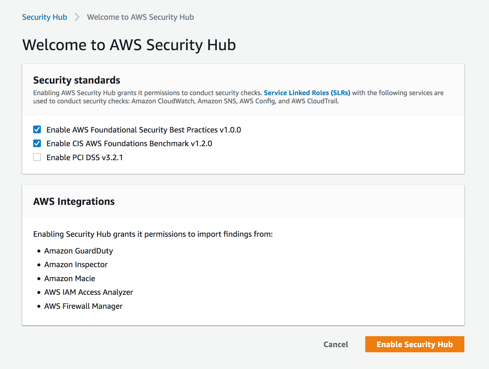 Figure 5: Enabling Security Hub for first time