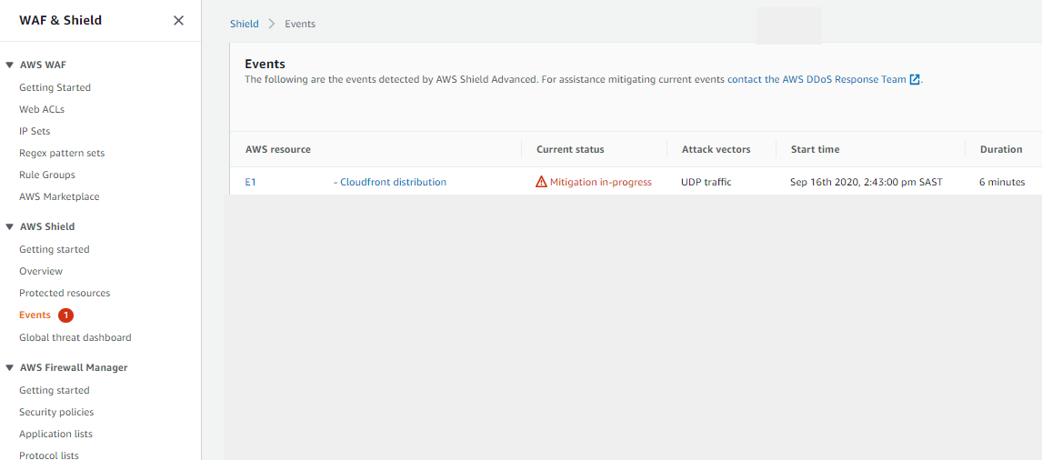 Figure 4: Scenario 1 - The Events tab on the Shield console showing a Shield event in progress