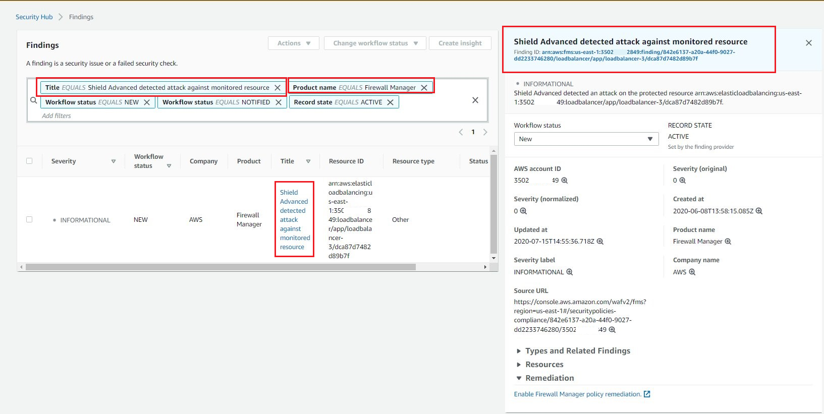 Figure 5: Scenario 1 - Shield Advanced DDoS alarm showing in Security Hub