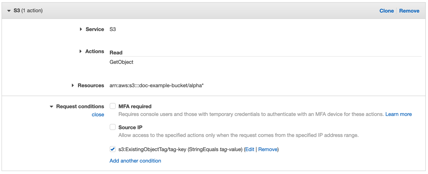 Figure 8: S3 GetObject action with resource and conditions configured