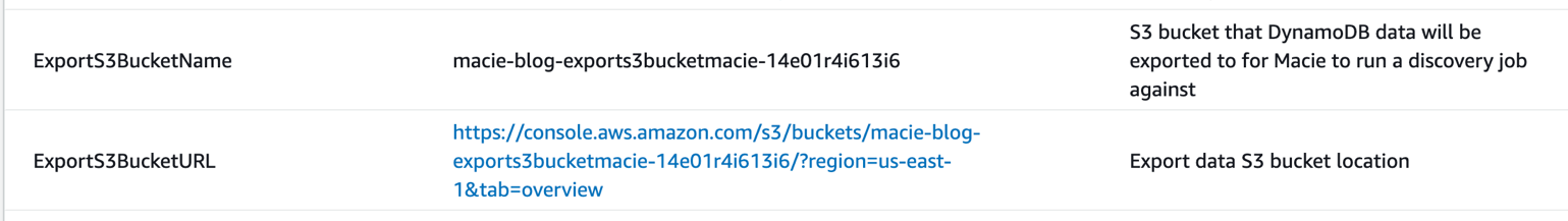 Figure 25: CloudFormation output information for the S3 buckets that the DynamoDB data was exported to