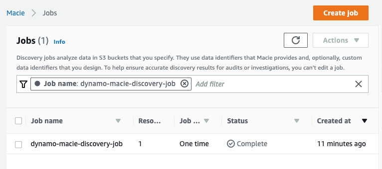 Figure 36: View of the completed Macie discovery job