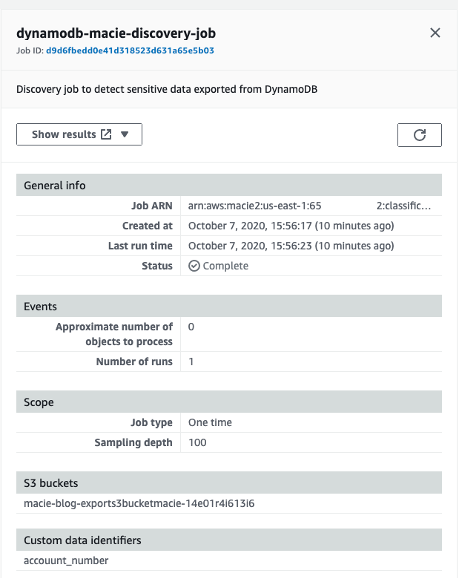 Figure 37: Summary showing which S3 bucket the discovery job ran against and start and complete time