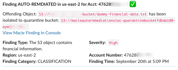 Figure 10: Slack notification of auto-remediation for the file containing dummy financial data