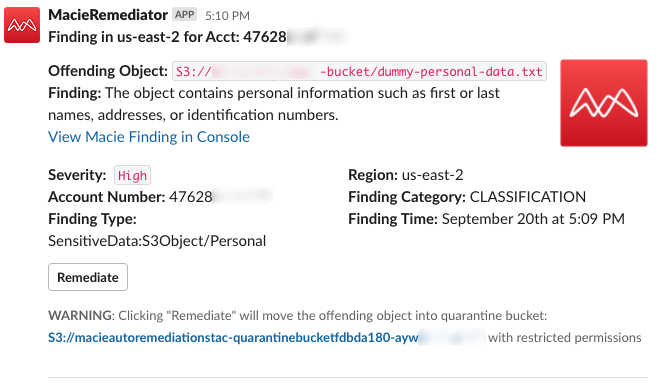 Figure 11: Slack notification for human review of the file containing dummy personal data