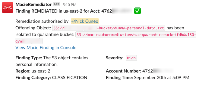 Figure 12: Slack notification of authorized remediation