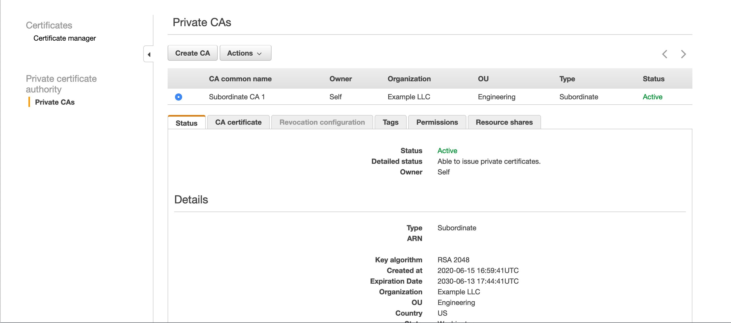 Figure 2: A private CA in the ACM PCA console