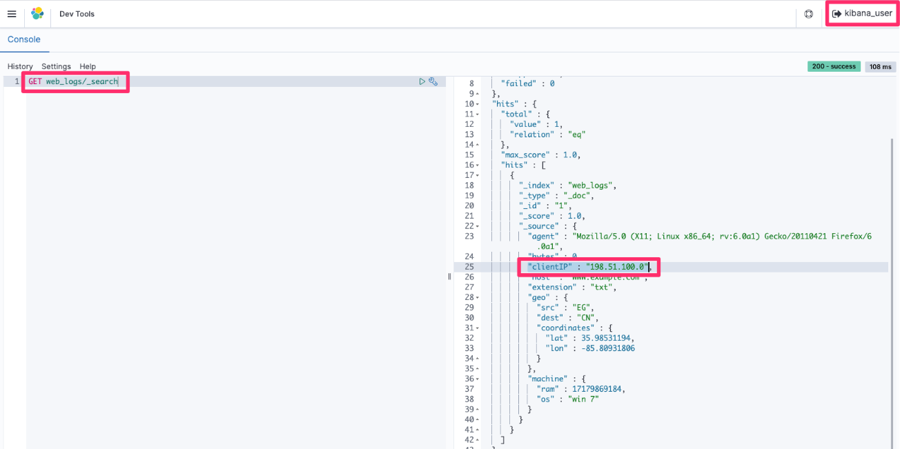 Figure 10: Retrieval of the full clientIP data with kibana_user