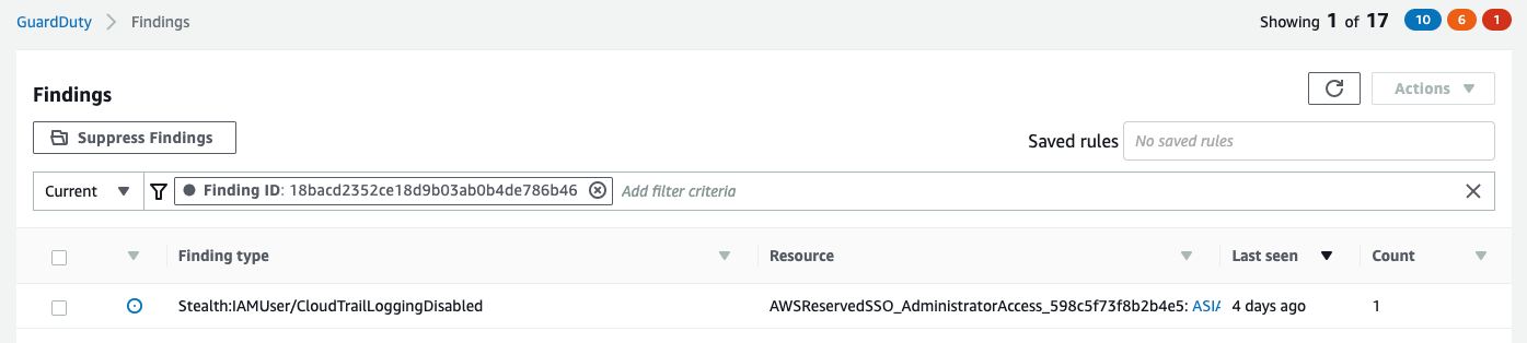 Figure 1: A GuardDuty finding showing that CloudTrail was disabled